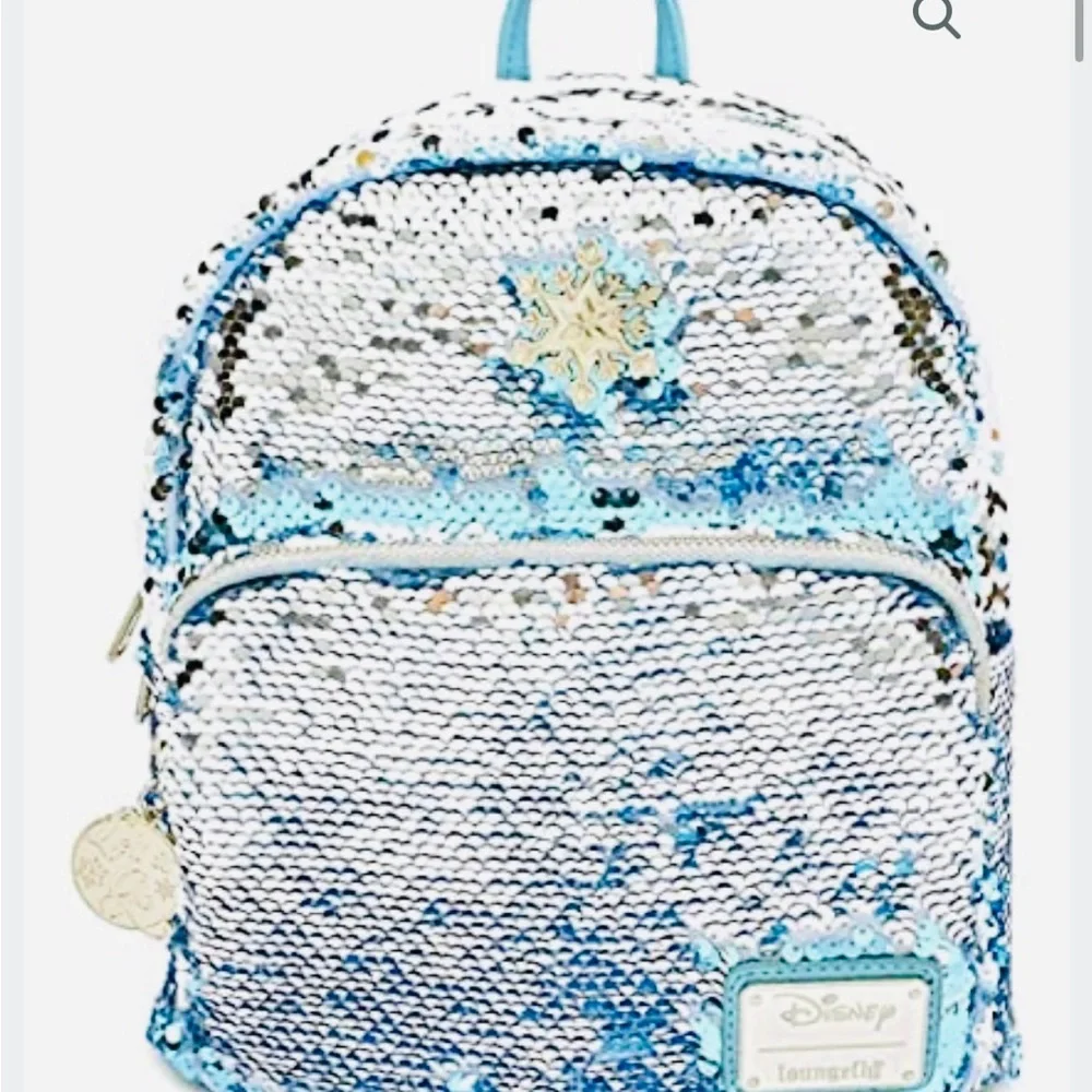 Loungefly Disney Frozen Elsa Reversible Sequin Backpack in Blue  and Silver - Picture 13 of 15